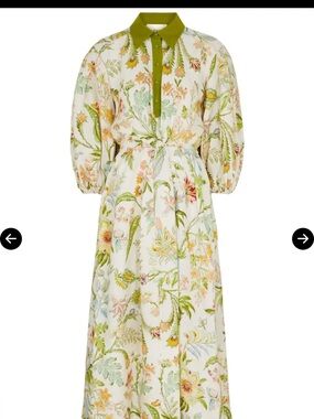 Alemais Floral Linen Midi Dress Green Collar Puff Sleeve AU12 / US8